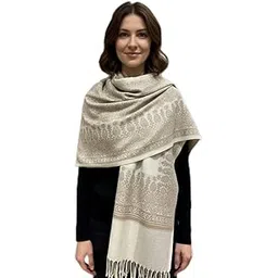 Elegant Paisley Pattern Cashmere Shawl, Cream and Beige, Luxury Winter Wrap with Fringe Tassels, Fashion Scarf for Women-picture-46