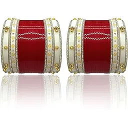 Elegant Red & White Punjabi Bridal Chooda Set with Golden Stone Embellishments – Traditional Wedding Bangles for Women (1 Pair)-picture-52