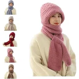 eleto 2-in-1 Windproof Knitted Beanie Hat with Scarf for Women & Girls, Winter Warm Woolen Cap with Ear Guards, Plus Velvet Soft Muffler Fur Cap Stylish Headwear Multicolour-picture-23