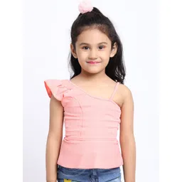 ELEVANTO Girls Peach-Coloured One Shoulder Peplum Top-picture-11