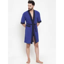 ELEVANTO Men Blue & Black Solid Bathrobe-picture-14