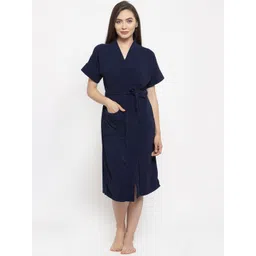 ELEVANTO Women Navy Blue Solid Bath Robe-picture-25
