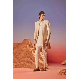 Eleven Brothers Men Yoke Design Keyhole Neck Flared Sleeves Chanderi Silk Kurta-picture-20