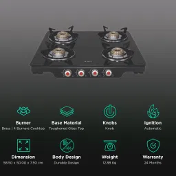 Elica Patio ICT 460 BK DT AI SE Toughened Glass Top 4 Burner Automatic Gas Stove (Heavy Duty, Black) image 3