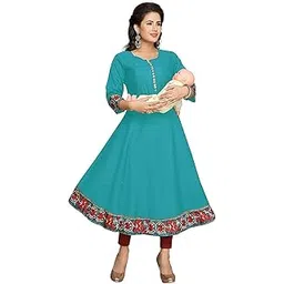 elinekart Maternity Baby Feeding Nursing Cotton Anarkali Printed Border Kurtis dresses Tops for Women with Zip-picture-42
