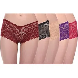 eliteensemble Women's Lace Boyshort Panty | Soft Stretchable Fabric | Mid-Rise Fit | Floral Lace Design | Scalloped Edges | Everyday Innerwear | Stylish Briefs for Women (Pack-5) (Multicolor, 32)-picture-11