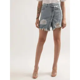 Elle Blue Cotton Distressed Bodycon Skirt-picture-32
