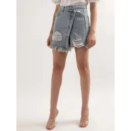 Elle Blue Cotton Distressed Bodycon Skirt image 3