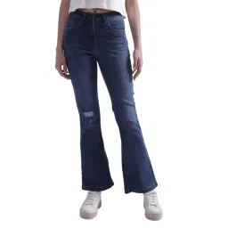 Elle Blue Cotton Mid Rise Bootcut Jeans-picture-13