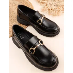 ELLE Chunky Platform Loafer with Gold-Tone Horsebit Detail - Black image 3