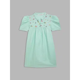 ELLE Girls Sea Green Embroidered Detail Puff Sleeves A-Line Dress-picture-44