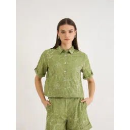 Elle Green Pure Cotton Embroidery Short Sleeves Shirt-picture-24