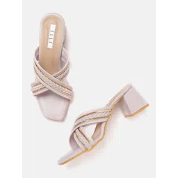 ELLE Lavender & Gold-Toned Stone Embellished Striped Woven Design Block Heels-picture-20
