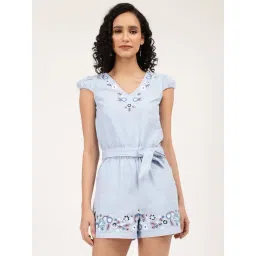 Elle Light Blue Cotton Embroidered Playsuit-picture-23