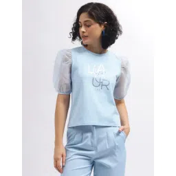 Elle Light Blue Cotton Graphic Print Top-picture-17