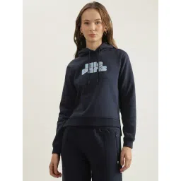 Elle Navy Blue Cotton Relaxed Fit Printed Hooded Sweatshirt-picture-24