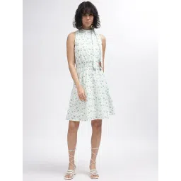 Elle Off White & Green Floral Print Fit & Flare Dress-picture-23