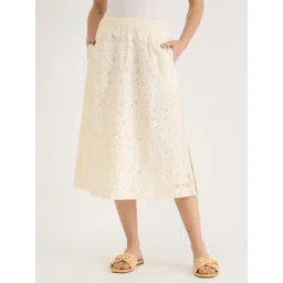 ELLE Off White Cotton Blend Embroidery Skirt-image-34