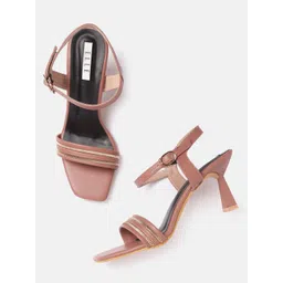 ELLE Peach-Coloured & Gold-Toned Striped Link Embellished Block Heels-picture-19