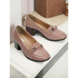 ELLE Peach-Coloured Round Toe Pumps Block Heels-picture-20