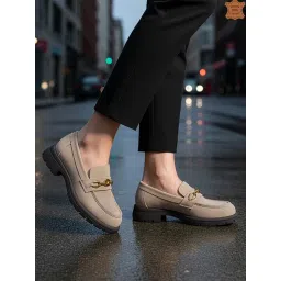 ELLE Suede Loafer with Gold-Tone Chain Accent and Chunky Sole - Beige image 1