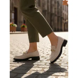 ELLE Suede Loafer with Gold-Tone Chain Accent and Chunky Sole - Beige image 2