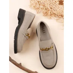 ELLE Suede Loafer with Gold-Tone Chain Accent and Chunky Sole - Beige image 3