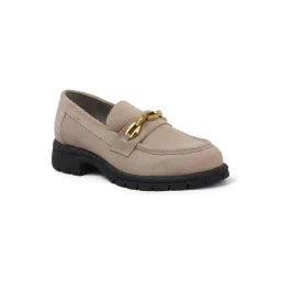 ELLE Suede Loafer with Gold-Tone Chain Accent and Chunky Sole - Beige image 4