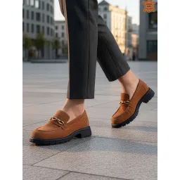 ELLE Suede Loafer with Gold-Tone Chain Accent and Chunky Sole - Tan-picture-13