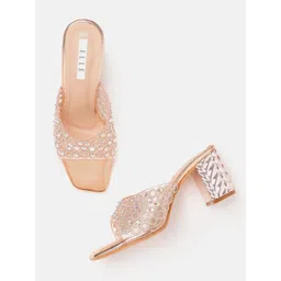 ELLE Transparent & Rose Gold Embellished Ethnic Block Heel Sandals-picture-28