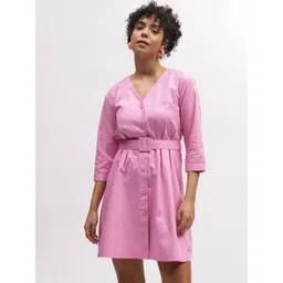 ELLE V-Neck Straight Three-Quarter Sleeves Shirt Dress-picture-29