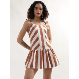 Elle White & Brown Cotton Striped A Line Dress-picture-32