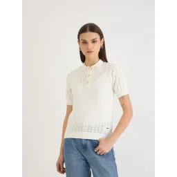 Elle White Pure Cotton Self Short Sleeves Polo T-Shirt-picture-45