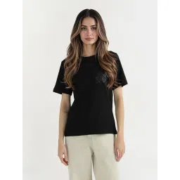 Elle Women Black Solid Crew Neck Pure Cotton T-Shirt-picture-37
