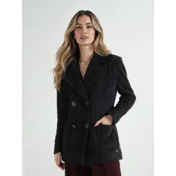 Elle Women Black Solid Lapel Collar Overcoat-picture-19