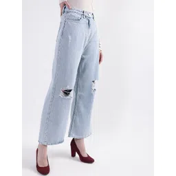 ELLE Women Blue Flared High-Rise Mildly Distressed Cotton Jeans-picture-12