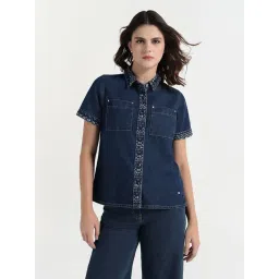 Elle Women Blue Solid Collar Pure Cotton Shirt-picture-22