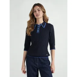 Elle Women Blue Solid Collar Pure Cotton T-Shirt-picture-27