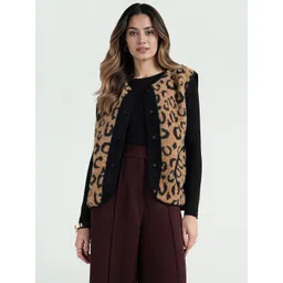 ELLE Women Collarless Animal Printed Open Front Jacket-picture-36