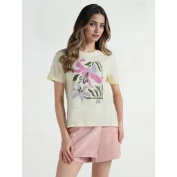 Elle Women Cream Printed Crew Neck Pure Cotton T-Shirt-picture-16
