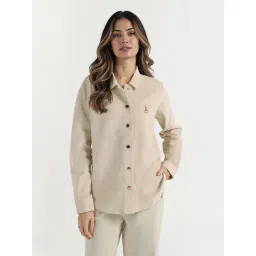 Elle Women Cream Solid Collar Corduroy Shirt-picture-34