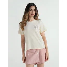 Elle Women Cream Solid Crew Neck Pure Cotton T-Shirt-picture-29