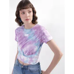 ELLE Women Tie & Dye Round Neck Short Sleeve Pure Cotton Fitted Crop Top-picture-28