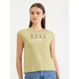 ELLE Women Typography Printed Round Neck Cotton Relaxed Fit T-shirt-picture-35