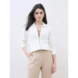 ELLE Women White Textured Polo Collar Regular Fit Sweater-image-40