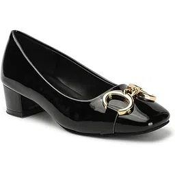 elle Women's Patent Square Toe Block Heels Pumps with Golden Chain Detail-picture-23