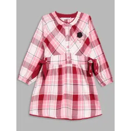 Elle Kids Pink & White Cotton Chequered Full Sleeves Dress-picture-28