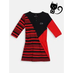 Elle Kids Red & Black Cotton Striped Dress-picture-44