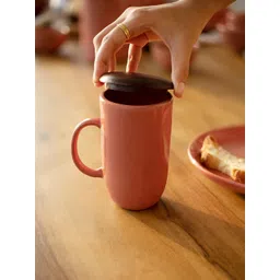 ellementry Peach & Brown Dishwasher Safe Ceramic Glossy Mug Wit Lid 400 ml-picture-37