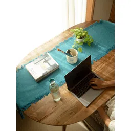ellementry Untied Teal Blue Fringed Border Pure Cotton Rectangular Table Runner-picture-16